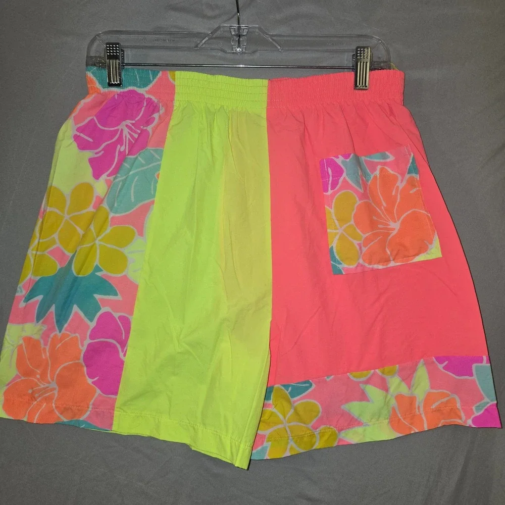 Jag Swim Trunks Medium Mens Neon Pink Yellow Floral 90s Vintage Made in USA